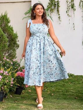 Light Blue Floral Tie-Shoulder Corset Midi Dress